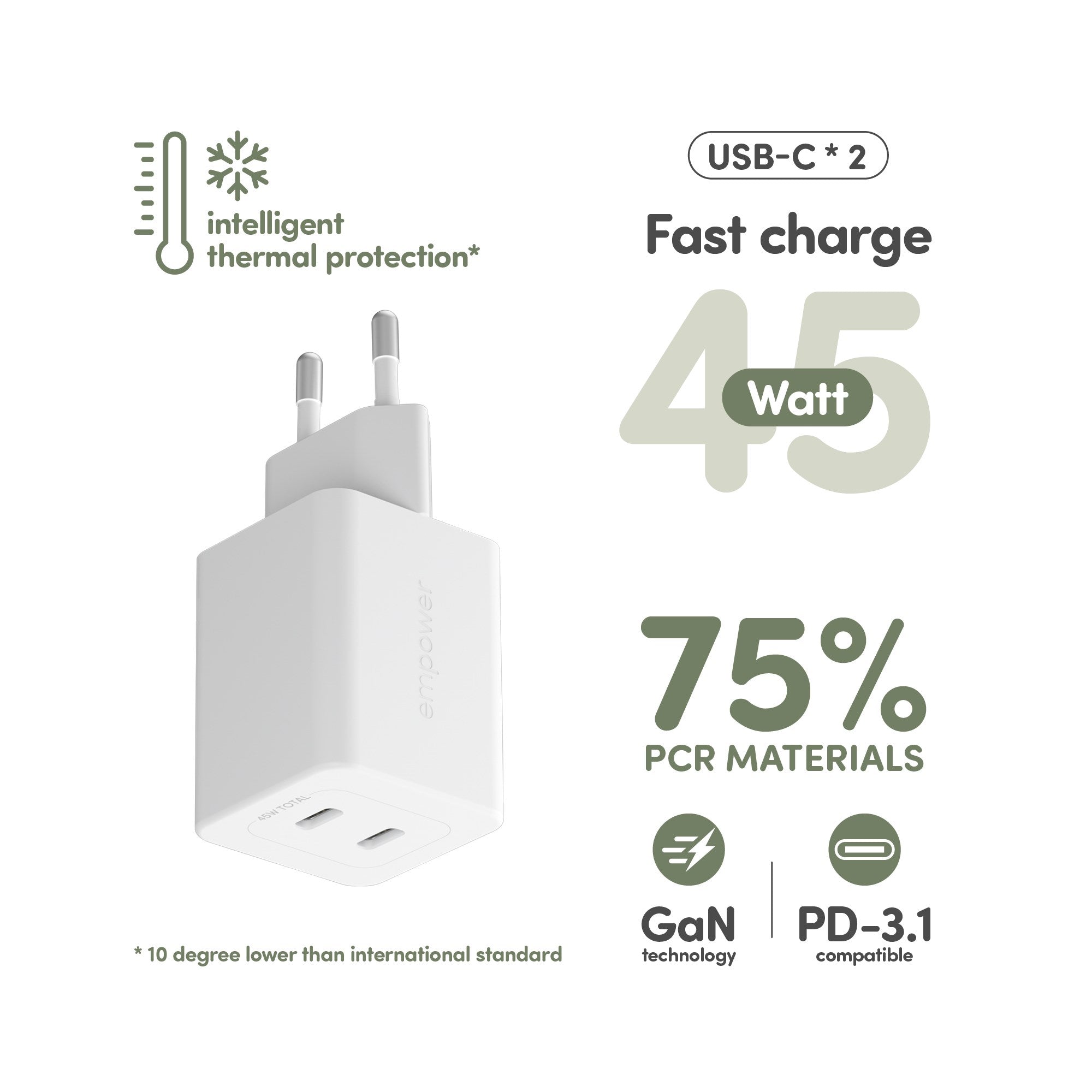empower™ by PanzerGlass® Turbo 45W Charger incl. 2 x USB-C | EU Plug | Silver White